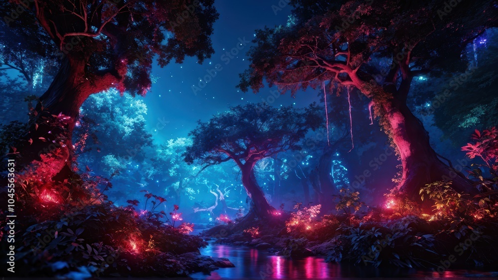 Fototapeta premium A vibrant, mystical forest illuminated by colorful lights and reflections in the water.