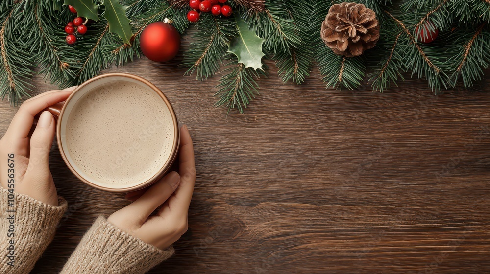 Warm drink held in hands surrounded by festive decor on wooden table. Warm drink held in hands surrounded by festive decor on wooden table.