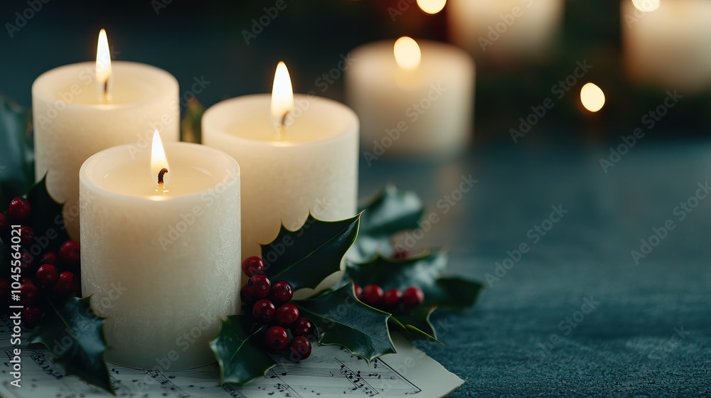 A cozy arrangement of lit candles surrounded by holly and berries, evoking a warm, festive atmosphere. A cozy arrangement of lit candles surrounded by holly and berries, evoking a warm, festive atmosphere.