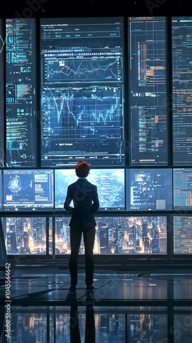 A professional observes futuristic data analytics in a high-tech control room at dusk