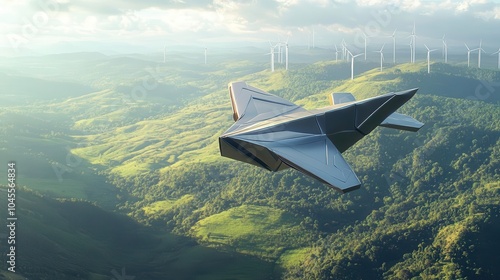 Futuristic paper plane with metallic edges soaring above lush green valleys, with wind turbines spinning in the distance