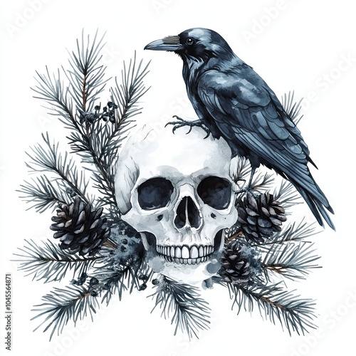 A crow perched on a skull surrounded by pine branches and cones, evoking a dark, mystical aesthetic. photo