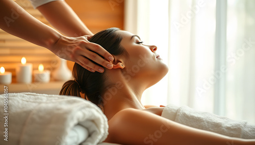 Side view of relaxed female enjoying alternative ayurvedic Marma therapy during massage treatment in spa salon isolated with white highlights, png