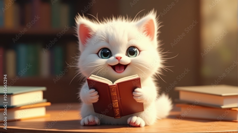 A cute white kitten with blue eyes joyfully holding a book, surrounded by stacks of other books on a wooden table against a blurred background. A cute white kitten with blue eyes joyfully holding a book, surrounded by stacks of other books on a wooden table against a blurred background.