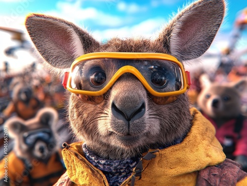 A kangaroo wearing protective goggles and a yellow jacket is outdoors, embodying adventure and readiness, as it stands under a clear blue sky with bold colors. photo