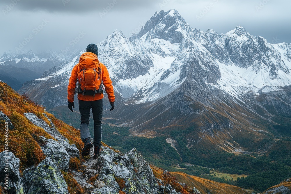 A hiker in an orange jacket explores a mountainous landscape with snow-capped peaks. A hiker in an orange jacket explores a mountainous landscape with snow-capped peaks.