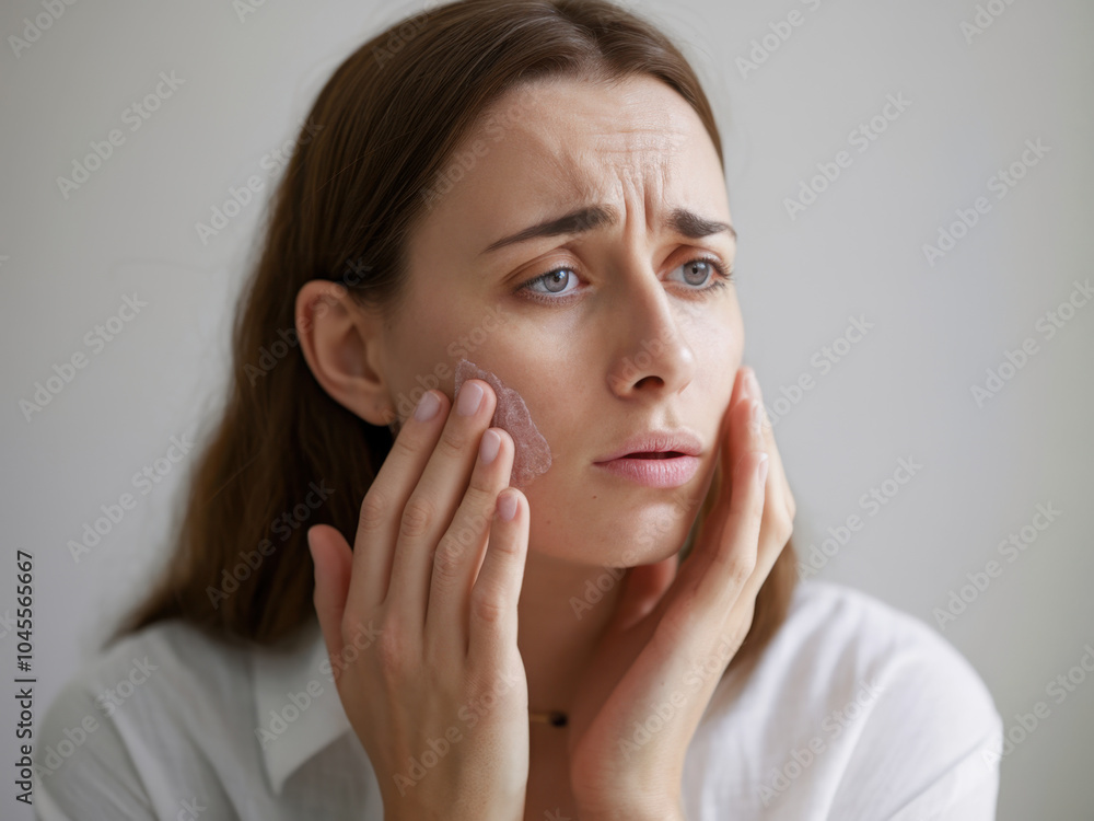 A concerned woman applies skincare to her face, showing signs of worry and focusing on her skin health. A concerned woman applies skincare to her face, showing signs of worry and focusing on her skin health.