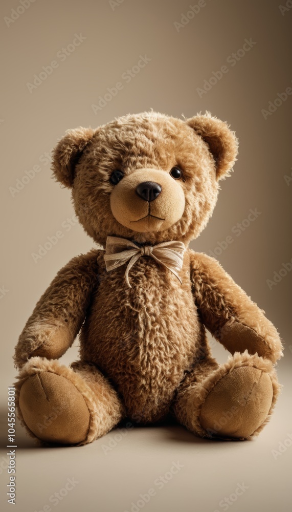 Fototapeta premium Adorable teddy bear with a bowtie sitting against a soft neutral background