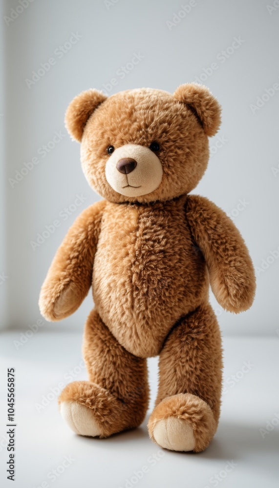 Soft and fluffy teddy bear toy standing on a white surface in a bright room Soft and fluffy teddy bear toy standing on a white surface in a bright room