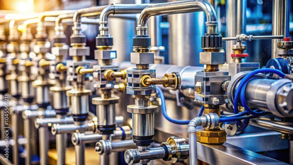 A row of intricate industrial machinery, featuring gleaming chrome pipes, brass fittings, and precision valves, showcasing the complex inner workings of modern production A row of intricate industrial machinery, featuring gleaming chrome pipes, brass fittings, and precision valves, showcasing the complex inner workings of modern production