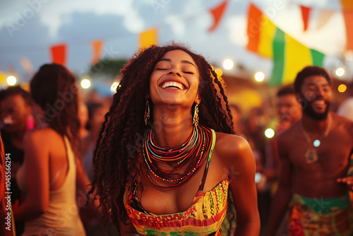 Wide-angle shot of a joyful group of young men and women celebrating together in a vibrant outdoor setting with colorful flags and festive energy, radiating happiness and unity. photo