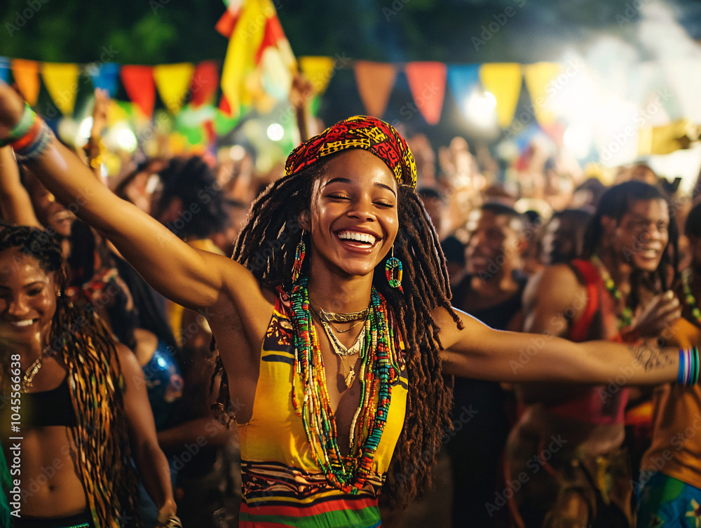 Wide-angle shot of a joyful group of young men and women celebrating together in a vibrant outdoor setting with colorful flags and festive energy, radiating happiness and unity. Wide-angle shot of a joyful group of young men and women celebrating together in a vibrant outdoor setting with colorful flags and festive energy, radiating happiness and unity.