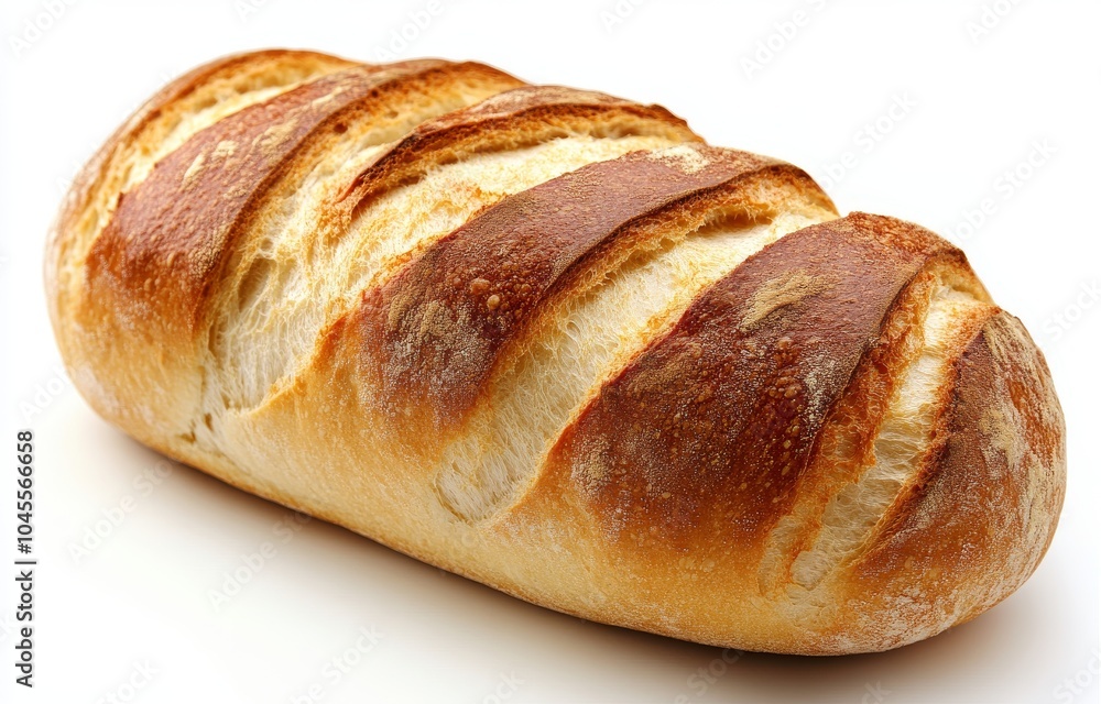 A freshly baked loaf of white bread with a crispy crust. A freshly baked loaf of white bread with a crispy crust.