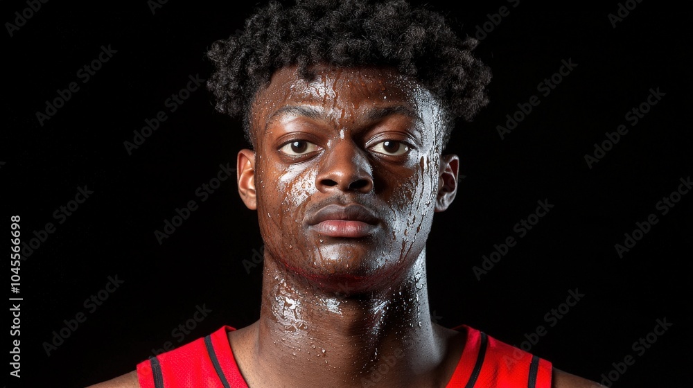 Fototapeta premium Focused Basketball Player Portrait Intense Close up Sweat Determination Black Backgrou