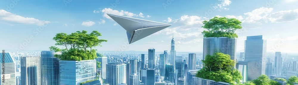 High-tech, lightweight paper plane gliding over a futuristic green city with trees growing on skyscrapers and solar panels on every roof High-tech, lightweight paper plane gliding over a futuristic green city with trees growing on skyscrapers and solar panels on every roof
