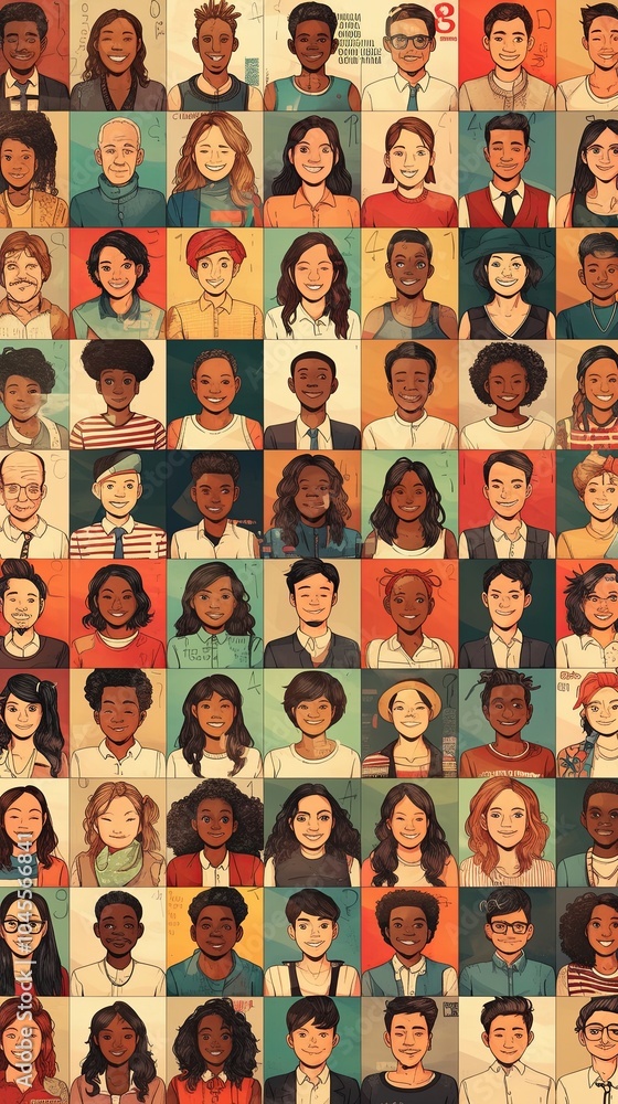 A stylized gallery showcasing a diverse group of individuals, each uniquely drawn to highlight differences and celebrate a range of diverse identities. A stylized gallery showcasing a diverse group of individuals, each uniquely drawn to highlight differences and celebrate a range of diverse identities.