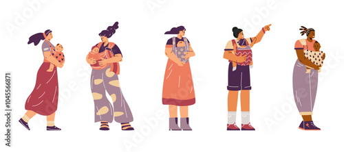 Mothers with child in baby carrier vector flat set, young happy multiracial female parents with infant, toddler in sling