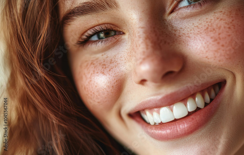 Closeup photo portrait of a beautiful young woman smiling with clean teeth 