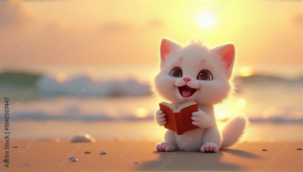 Fototapeta premium Adorable cartoon kitten with a book sits happily on a sandy beach at sunset, creating a warm and whimsical vibe.