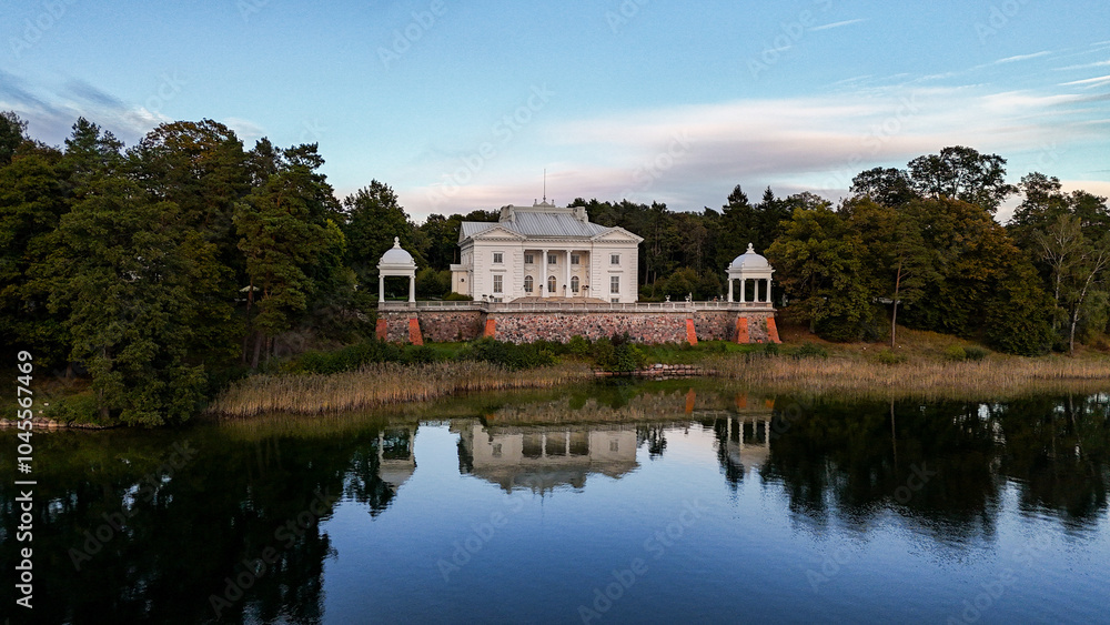 Aerial view of Uzutrakis Manor in Trakai, Lithuania. Užutrakis Manor is a late 19th-century. Landmarks of Lithuania Aerial view of Uzutrakis Manor in Trakai, Lithuania. Užutrakis Manor is a late 19th-century. Landmarks of Lithuania