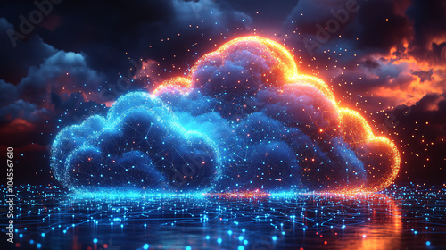 abstract cloud data network with glowing blue and orange lights