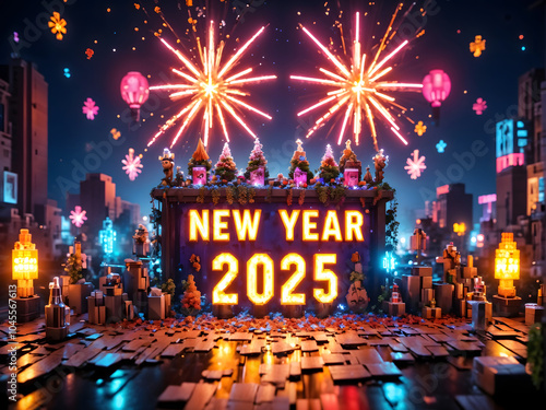 A vibrant city night scene celebrating the New Year with colorful neon lights, lively people, and festive decorations, creating an abstract atmosphere of joy and excitement