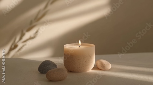 Aroma candle on a beige background. Warm aesthetic composition with stones. Cozy home comfort concept for relaxing and enjoying life. Mockup interior decoration photo