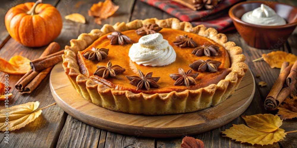 A freshly baked pumpkin pie, adorned with star anise, topped with a dollop of whipped cream, resting on a wooden cutting board surrounded by cinnamon sticks and autumn leaves. A freshly baked pumpkin pie, adorned with star anise, topped with a dollop of whipped cream, resting on a wooden cutting board surrounded by cinnamon sticks and autumn leaves.