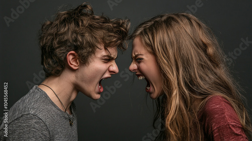 Two angry young man and young woman shouting at each other in anger.