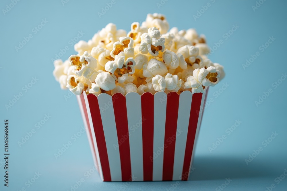 Freshly popped popcorn in a classic red and white striped box against a light blue background, perfect for movie nights, theater, or snacking Freshly popped popcorn in a classic red and white striped box against a light blue background, perfect for movie nights, theater, or snacking