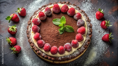 A decadent chocolate tart with a creamy filling, topped with fresh raspberries and a sprig of mint, dusted with powdered sugar.