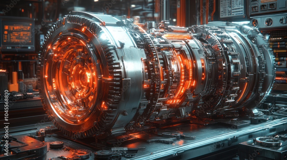 Close-up of a futuristic engine with glowing orange core, showcasing intricate mechanics and technological advancements. Close-up of a futuristic engine with glowing orange core, showcasing intricate mechanics and technological advancements.