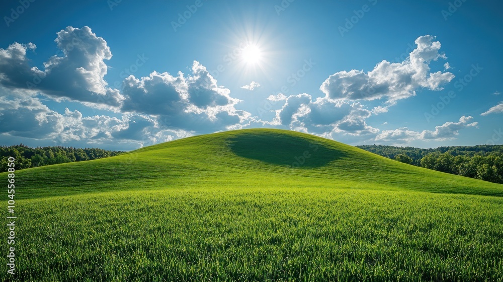 Fototapeta premium A serene landscape featuring a green hill under a bright sun and fluffy clouds.