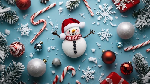 A colorful holiday clip art featuring festive elements like candy canes, snowflakes, ornaments, and a cheerful snowman, arranged in a playful composition with a snowy backdrop  photo