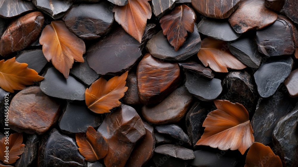 A close-up shot of an arrangement of autumn leaves and smooth stones in various shades of brown and black. A close-up shot of an arrangement of autumn leaves and smooth stones in various shades of brown and black.