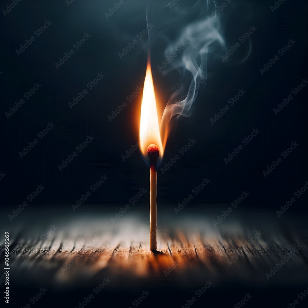 Single Burning Matchstick on Wooden Tabletop in Darkness