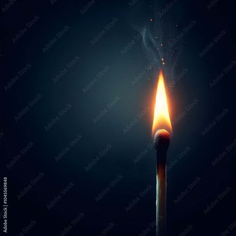 Single Burning Matchstick with Sparks and Smoke on Dark Background Single Burning Matchstick with Sparks and Smoke on Dark Background