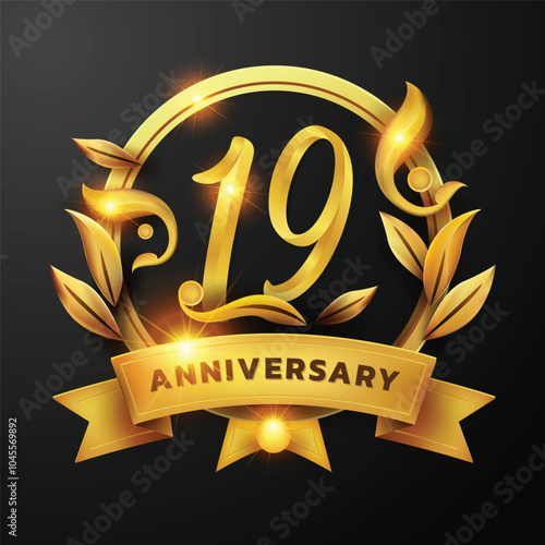 19th Anniversary design a golden ribbon and golden leaf Decorated around the number '19' on a black background. Perfect for celebrating milestones or promoting anniversary events with a luxurious.