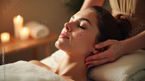 A relaxed woman enjoys a facial massage in a spa, with her eyes closed as a therapist applies massage techniques to her neck and face.