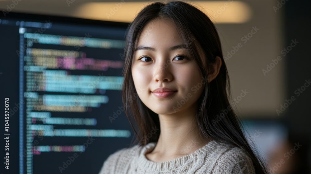 The integration of technology and human expertise in software development is presented by a young Asian woman programmer in front of an LCD screen with code projected The integration of technology and human expertise in software development is presented by a young Asian woman programmer in front of an LCD screen with code projected