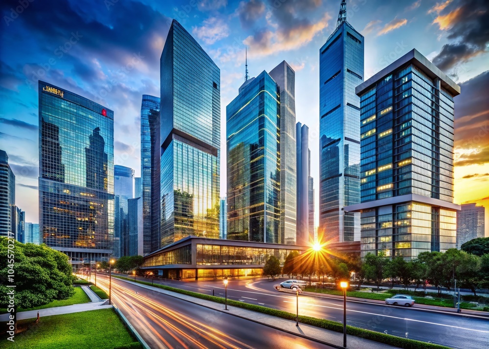 Fototapeta premium Business Center Amid Highrise Buildings - Dynamic Panoramic View for Corporate Settings