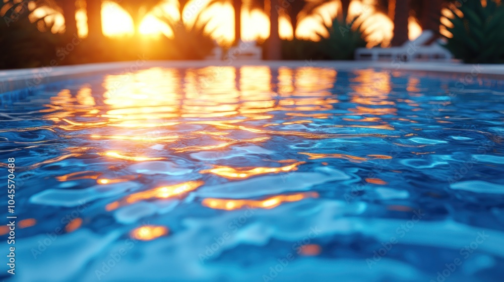 Close-up view of a calm swimming pool with the setting sun reflecting in the water. Close-up view of a calm swimming pool with the setting sun reflecting in the water.