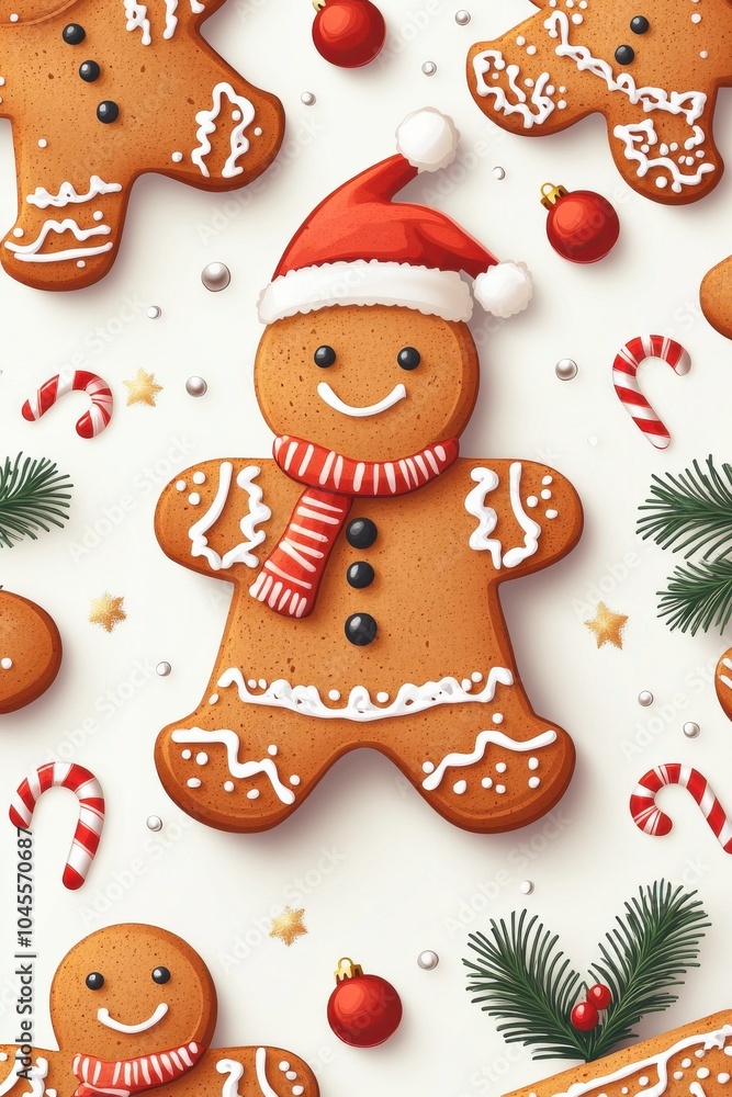 Festive gingerbread cookies with Santa hats and candy canes on a white background Festive gingerbread cookies with Santa hats and candy canes on a white background