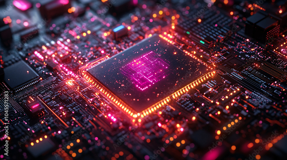 glowing circuit board with pink and orange lights glowing circuit board with pink and orange lights