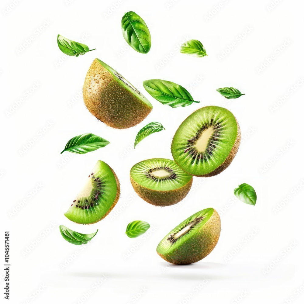 Fototapeta premium Fresh kiwi slices with leaves