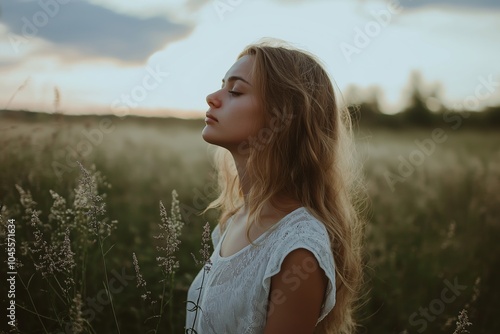 A contemplative woman stands peacefully in a tranquil meadow at sunset, embracing inner peace amidst nature's beauty. photo