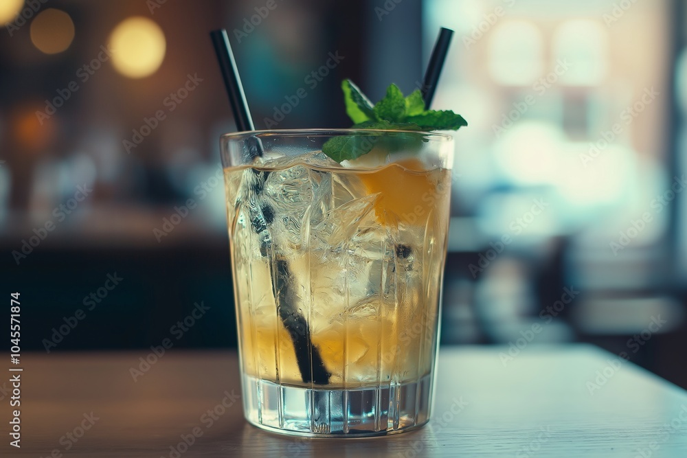 A glass of iced cocktail garnished with mint and lemon, accompanied by two black straws indoors. A glass of iced cocktail garnished with mint and lemon, accompanied by two black straws indoors.