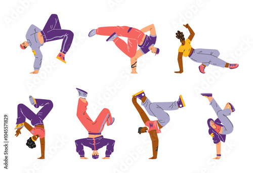 Cartoon breakdancer in action vector set, break dancers dynamic poses, teenager dancers hip hop performance street dance