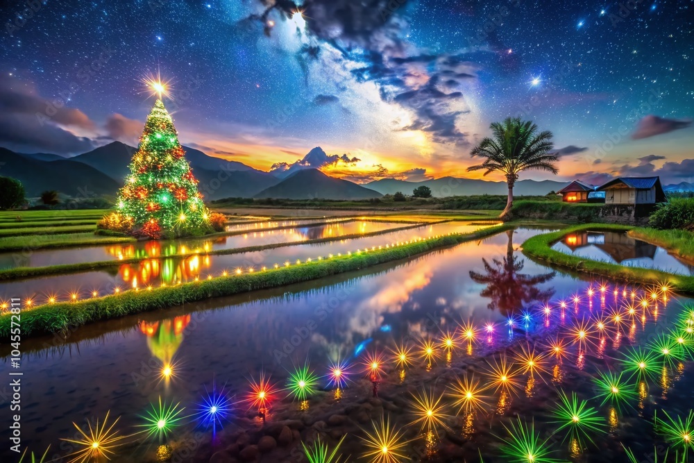 Obraz premium Captivating Christmas Lights Over Rice Fields: A Magical Holiday Scene