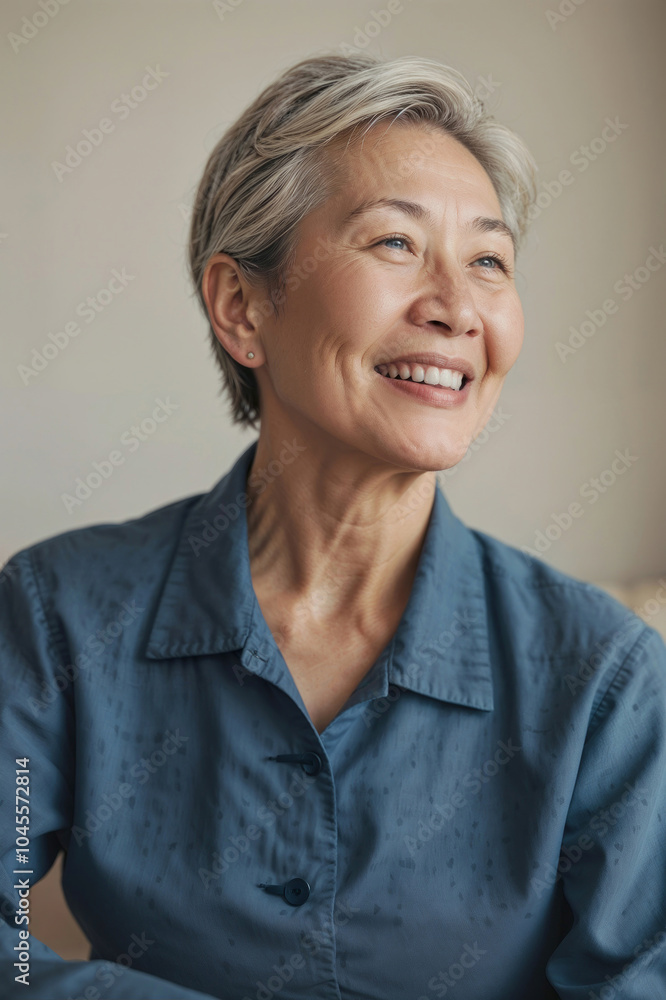 Portrait of Asian senior woman with a blue shirt and gray hair is smiling, she is wearing earrings and has a necklace Portrait of Asian senior woman with a blue shirt and gray hair is smiling, she is wearing earrings and has a necklace